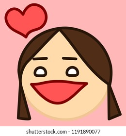 emoji with flirting smiling girl with pigtails that shows she is in love with a heart symbol flying above her head, simple colored emoticon, simplistic colorful pictogram, eps 10 vector illustration