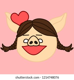 emoji with flirting smiling pig girl with pigtails that shows she is in love with a heart symbol flying above her head, simple hand drawn emoticon, simplistic colorful picture, eps 10 vector clip art