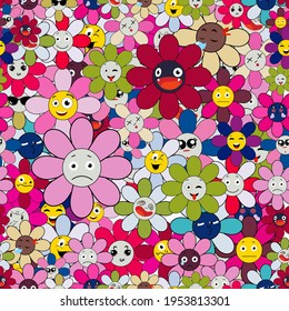 Emoji da vueltas a un patrón sin fisuras sobre un fondo transparente.  Caricatura divertida de carácter colorido. Diseño exótico moderno para el papel, la cubierta, la tela, la decoración interior y otros usuarios.