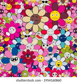 Emoji flivers seamless pattern on transparent background.  Funny cartoon colorful character. Modern exotic design for paper, cover, fabric, interior decor and other users.