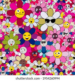 Emoji da vueltas a un patrón sin fisuras sobre un fondo transparente.  Caricatura divertida de carácter colorido. Diseño exótico moderno para el papel, la cubierta, la tela, la decoración interior y otros usuarios.