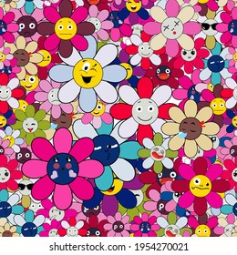 Emoji flivers seamless pattern on transparent background.  Funny cartoon colorful character. Modern exotic design for paper, cover, fabric, interior decor and other users.