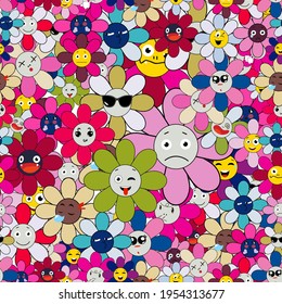 Emoji flivers seamless pattern on transparent background.  Funny cartoon colorful character. Modern exotic design for paper, cover, fabric, interior decor and other users.