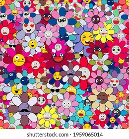Emoji flivers seamless pattern on transparent background. Funny cartoon colorful characters flowers. Modern exotic designs for paper, cover, fabric, interior decor and other users.