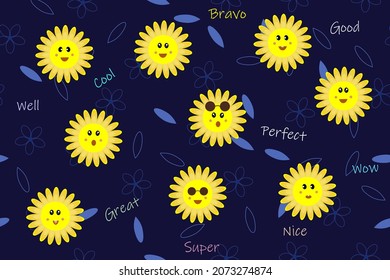 Emoji flower happy background. Funny emoticons with a smile on face. Cool modern children's graphics with cute sunflowers. Different moods of the characters. A fun party with hipsters comics. Vector