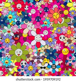Emoji flowers seamless pattern on transparent background. Funny cartoon colorful characters flowers. Modern exotic designs for paper, cover, fabric, interior decor and other users.