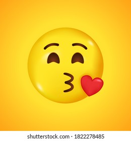 Emoji With Flying Kiss Red Heart And Winking Eye Face. A Yellow Face Emoji Kiss. Big Smile In 3D. Vector Illustration.