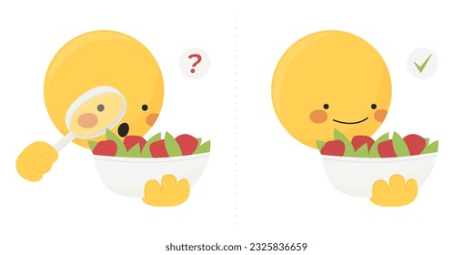 Emoji con un plato alimentario en la mano inspeccionando la ensalada con una lupa.
Dieta, anorexia, ortexia, trastorno alimentario
Comer obsesión saludable, antes y después con los iconos de la marca de interrogación y ok