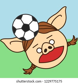 emoji with Football or soccer pig woman player that is hitting the ball with her head, simple hand drawn emoticon, simplistic colorful picture, vector art with pig-like characters