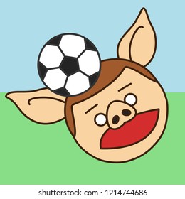 emoji with Football or soccer player pig that is hitting the ball with his head, vector emoji drawn by hand in color, simplistic colorful picture, simple handdrawn illustration