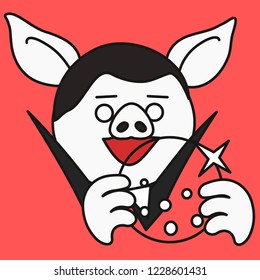 emoji with fortune teller pig looking into the sparkling shining glass ball, traveling carnival or traid fair witch telling his customer about her future using magic tricks, simple hand drawn emoticon