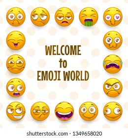 Emoji frame. Funny vector background with comic yellow faces. Emoticon set.