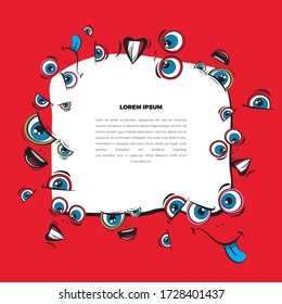 Emoji frame with place for text. The pattern of faces with different emotions on a red background. Funny scribbles. Vector templates for typography or web design.