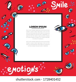 Emoji frame with place for text. The pattern of faces with different emotions on a red background. Funny scribbles. Vector templates for typography or web design.
