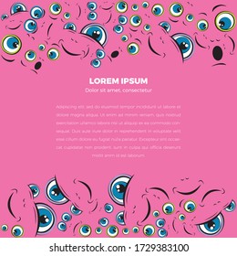 Emoji frame with place for text. The pattern of faces with different emotions on a pink background. Funny scribbles. Vector templates for typography or web design.