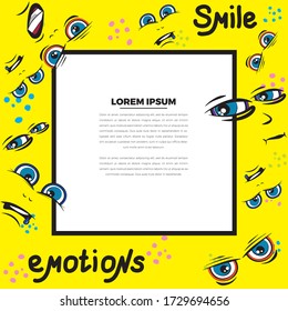 Emoji frame with place for text. The pattern of faces with different emotions on a yellow background. Funny scribbles. Vector templates for typography or web design.
