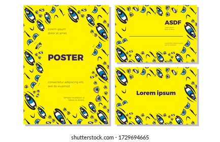Emoji frame with place for text. The pattern of faces with different emotions on a yellow background. Funny scribbles. Vector templates for typography or web design.