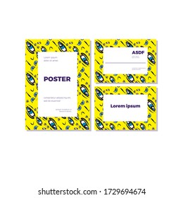 Emoji frame with place for text. The pattern of faces with different emotions on a yellow background. Funny scribbles. Vector templates for typography or web design.