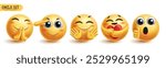 Emoji friendly emoticon characters vector set. Emojis yellow 3d character in happy, clapping, salute, waving, caring and approved icon poses collection. Vector illustration emoticons friendly graphic 