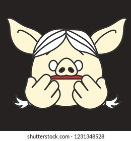 Emoji With Frightened Pig Woman Cowardly Covering Her Mouth With Hands In Fear With Terrified Facial Expression Formed By Eyes Wide Open & Raised Brows On Her Face, Simple Hand Drawn Emoticon