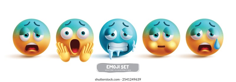 Emoji frozen face characters vector set. Emojis emoticon facial expression like freeze, shock, cold, tired and sad face character icon collection. Vector illustration emoticons graphic design elements