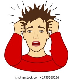 emoji with frustrated crazy man pulls his hair out with wild eyes and opened mouth, simple colored emoticon, simplistic colorful emoticon, primitive vector art