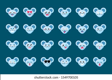 Emoji Fun Cute Animal Mouse Smile Emotions Set. Colorful Collection Face Feelings Happy and Inlove, Confused and Dizzy, Blankface and Happyface. Emoticon Vector Flat Cartoon Illustrations