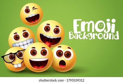 Emoji funny background vector design. Emoji of happy and fun facial expressions with green space for text and funny yellow emoticons. Vector illustration.
