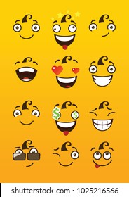 Emoji funny cartoon comic faces or emoticon on yellow background. Expressions emotions set or collection