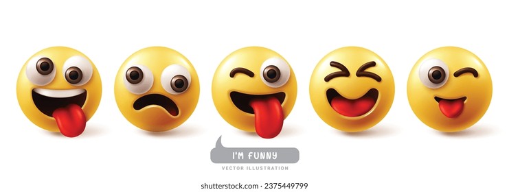 Emoji funny emoticon characters vector set. Emojis emoticons facial expression in happy, joyful, smiling, cool, naughty and playful character face collection. Vector illustration emojis funny icon 