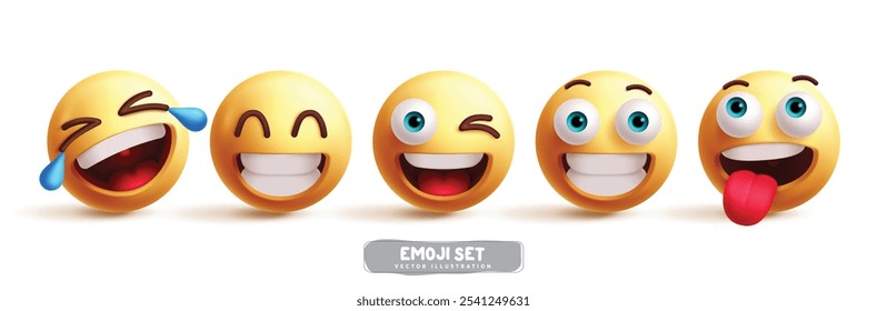 Emoji funny emoticon characters vector set. Emojis emoticon in happy, smile, fun, joy, and cute icon graphic character elements collection. Vector illustration emojis yellow emoticon collection.
