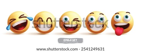 Emoji funny emoticon characters vector set. Emojis emoticon in happy, smile, fun, joy, and cute icon graphic character elements collection. Vector illustration emojis yellow emoticon collection.
