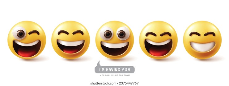 Emoji funny emoticons characters vector set. Emojis emoticon with having fun face, laugh, happy, smiling, enjoy, cute and friendly facial expressions graphic character collection. Vector illustration 