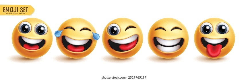 Conjunto de Vectores de personajes de emoticonos divertidos de emoji. Emoticono de emojis con cara divertida, risa, feliz, sonriente, disfrutar, expresiones faciales lindas y amigables colección de personajes gráficos. Emojis de Ilustración vectorial 