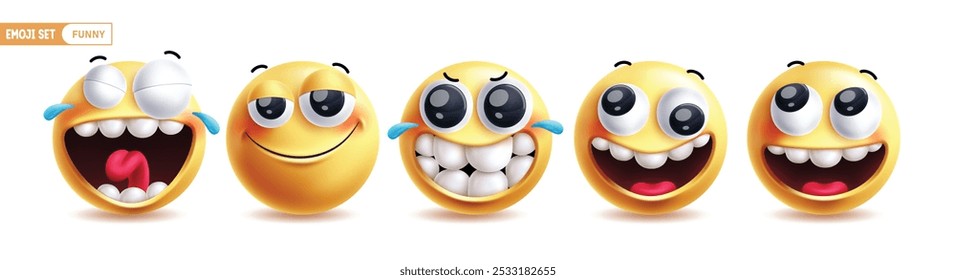 Emoji engraçado emoticons caracteres vetor conjunto. Emojis emoticon personagens com cara divertida, rir, feliz, alegria, bonito, desfrutar e alegre expressões faciais coleção de ícones. Emojis de ilustração vetorial engraçado 