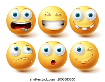 Emoji funny face vector set. Emojis yellow emoticon funny, happy and disappointed icon collection isolated in white background for graphic elements design. Vector illustration
