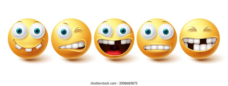 Emoji funny teeth vector set. Emojis emoticon funny teeth and crazy collection facial expressions isolated in white background. Vector illustration
