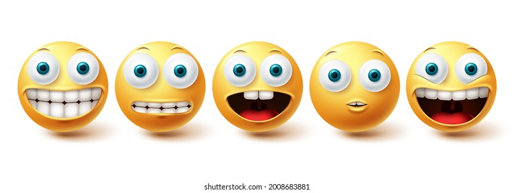 Juego de vectores de dientes divertidos de Emoji. Iconos emoticonos y emoticonos de sonrisa divertida y feliz con expresiones faciales aisladas en fondo blanco. Ilustración del vector

