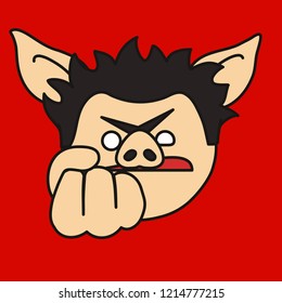 emoji with furious & angry pig guy that shows a fist which means he's going to punch you in the face & kick your ass, simple hand drawn emoticon, simplistic colorful picture, eps 10 vector clip art