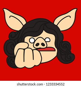 emoji with furious & angry pig woman who shows a fist which means she's going to punch you in the face  simple hand drawn emoticon, simplistic colorful picture, eps 10 vector clip art