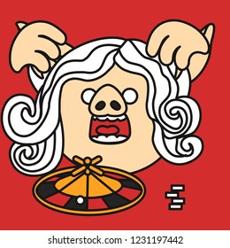 emoji with game addict gambler pig woman w. small stack of casino chips in front of roulette that is screaming & holding her hair that turned grey in panic after she lost all her money on bet