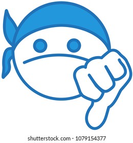 emoji with gangsta wearing a bandanna showing his disrespect by lowering his left thumb down in disdain to a bad person he dislikes, simple hand drawn emoticon, ball or circle shaped face, eps 10