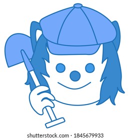emoji with general worker or laborer holding a shovel on his shoulder, happy smiling  digger wearing a retro cap, wolf shaped face, simple hand drawn emoticon
