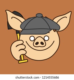emoji with generic worker or laborer pig that is holding a shovel on his shoulder, happy smiling odd-jober or digger wearing a retro cap, simple hand drawn emoticon, simplistic colorful picture