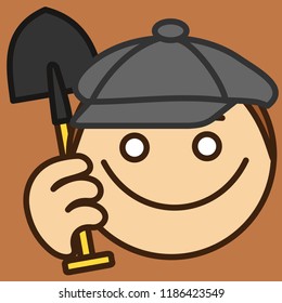 emoji with generic worker or laborer that is holding a shovel on his shoulder, happy smiling odd-jober or digger wearing a retro cap, simple colored emoticon, simplistic colorful pictogram