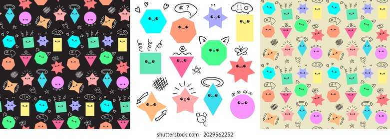 Emoji from geometric figures set and seamless patterns with doodle elements