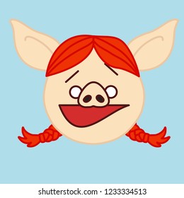 Emoji With Ginger Pig Woman Person With Pigtails That Got Caught Doing Wrong  & Raised Brows, Simple Hand Drawn Emoticon, Simplistic Colorful Picture