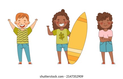 Emoji Girl and Boy Showing Shaka Sign and Raising Hands Vector Set