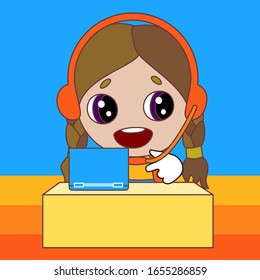 emoji with girl customer support chibi that is wearing a headset, smiling person wearing headphones and a microphone answering the call of a client to solve technical issue, simple colored emoticon