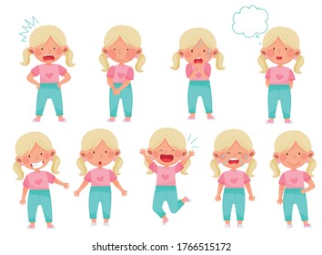 Emoji Girl with Ponytails Feeling Sadness and Excitement Vector Illustration Set